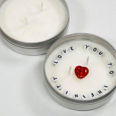 Fragrantly - LOVE YOU TO INFINITY - Secret Message Candle with red glass heart - before and after