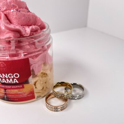 Close up - Fragrantly Mother's Day Whipped Soap set with Titanium zirconia rings in gold, rose gold and silver