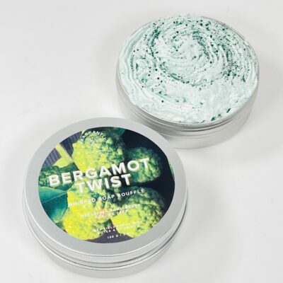 Fragrantly Bergamot Twist whipped soap souffle in blik bovenaanzicht