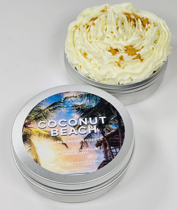 Fragrantly Coconut Beach whipped soap souffle in blik bovenaanzicht