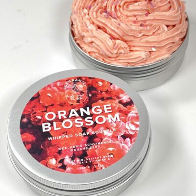 Fragrantly Orange Blossom whipped soap souffle in tin can top view