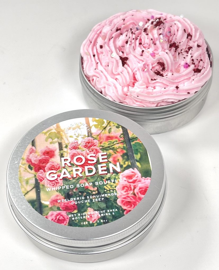 Fragrantly Rose Garden whipped soap souffle in blik bovenaanzicht