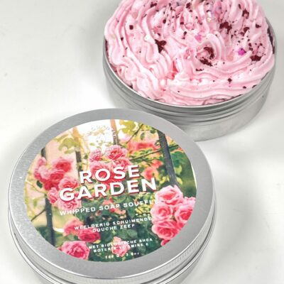 Fragrantly Rose Garden whipped soap souffle in blik bovenaanzicht