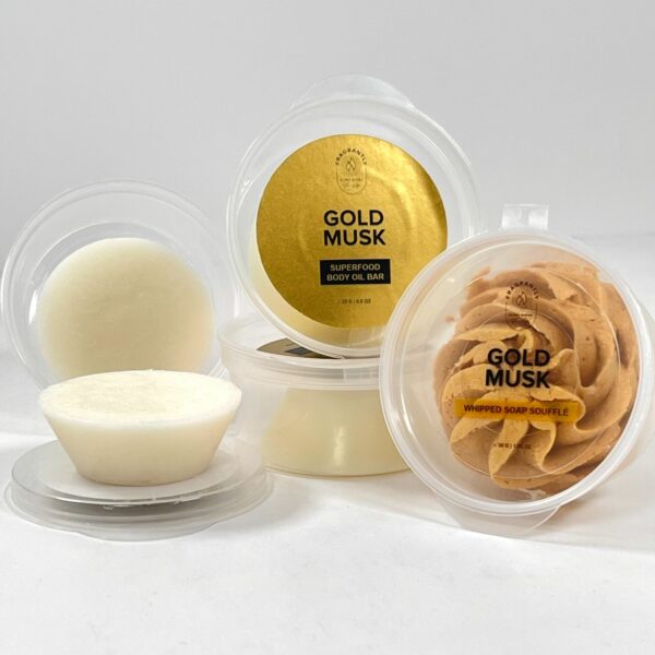Gold Musk lotion bar en whipped soap souffle probeer formaat