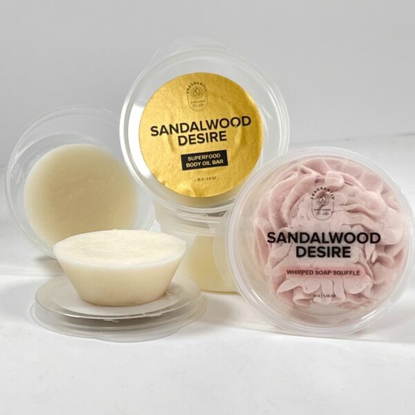 Sandalwood Desire lotion bar en whipped soap souffle probeer formaat